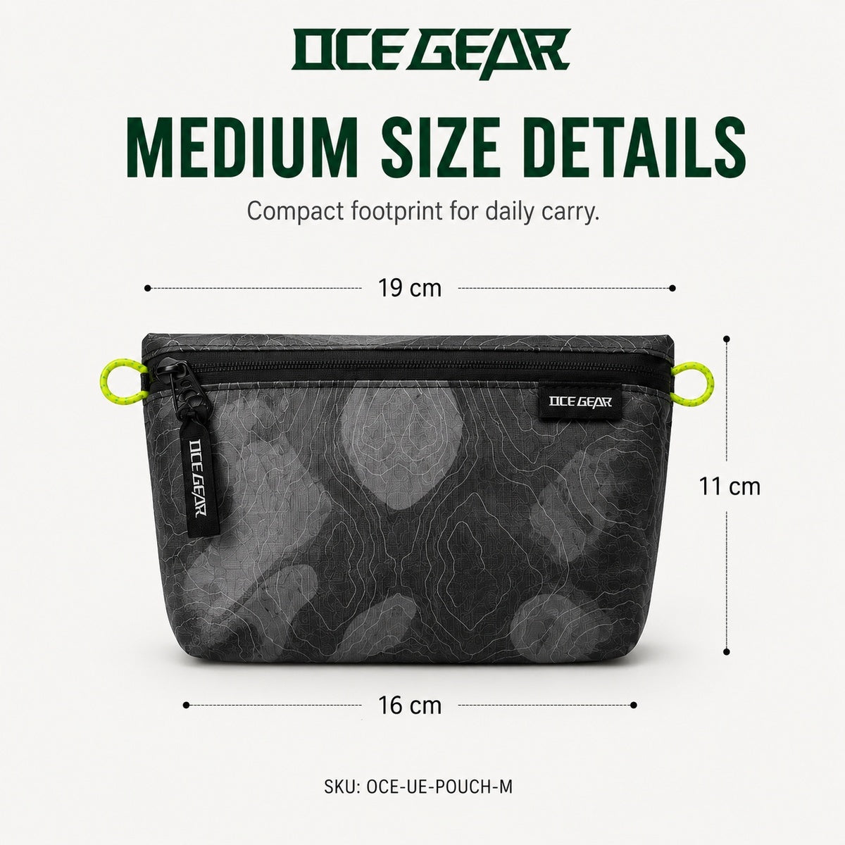 OCE GEAR medium lightweight storage pouch showing 19 cm top width, 16 cm bottom width, 11 cm height and approx 22 g weight