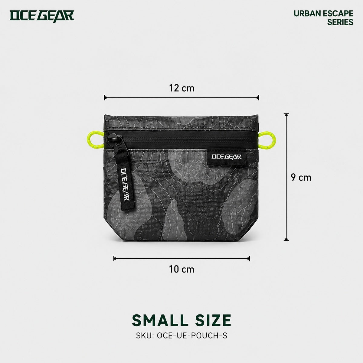 OCE GEAR small lightweight storage pouch showing 12 cm top width, 10 cm bottom width, 9 cm height and 12 g weight