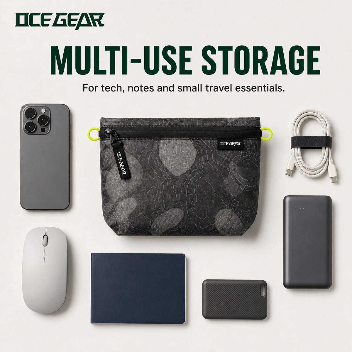OCE GEAR medium storage pouch arranged with generic daily carry accessories