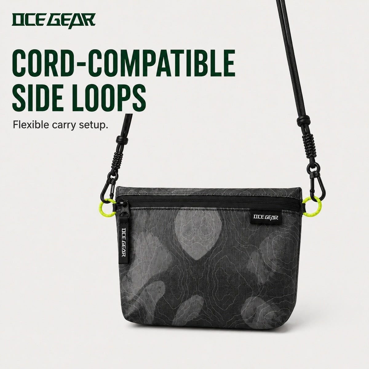 OCE GEAR storage pouch with bright side loops and compatible black cord setup sold separately