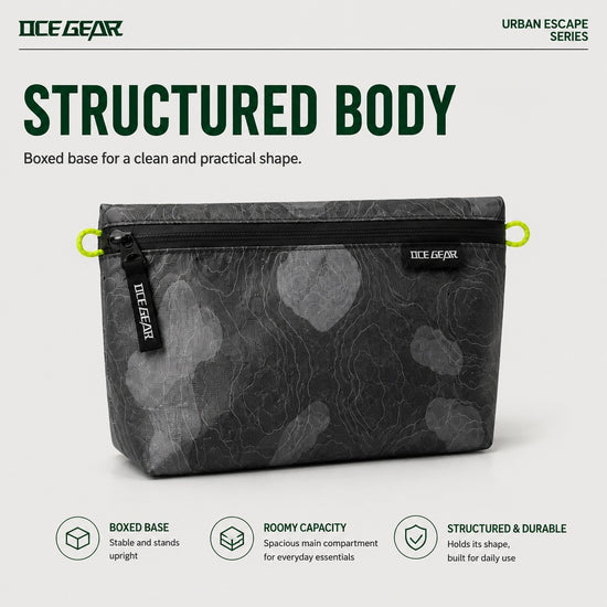 OCE GEAR storage pouch standing upright with boxed bottom structure