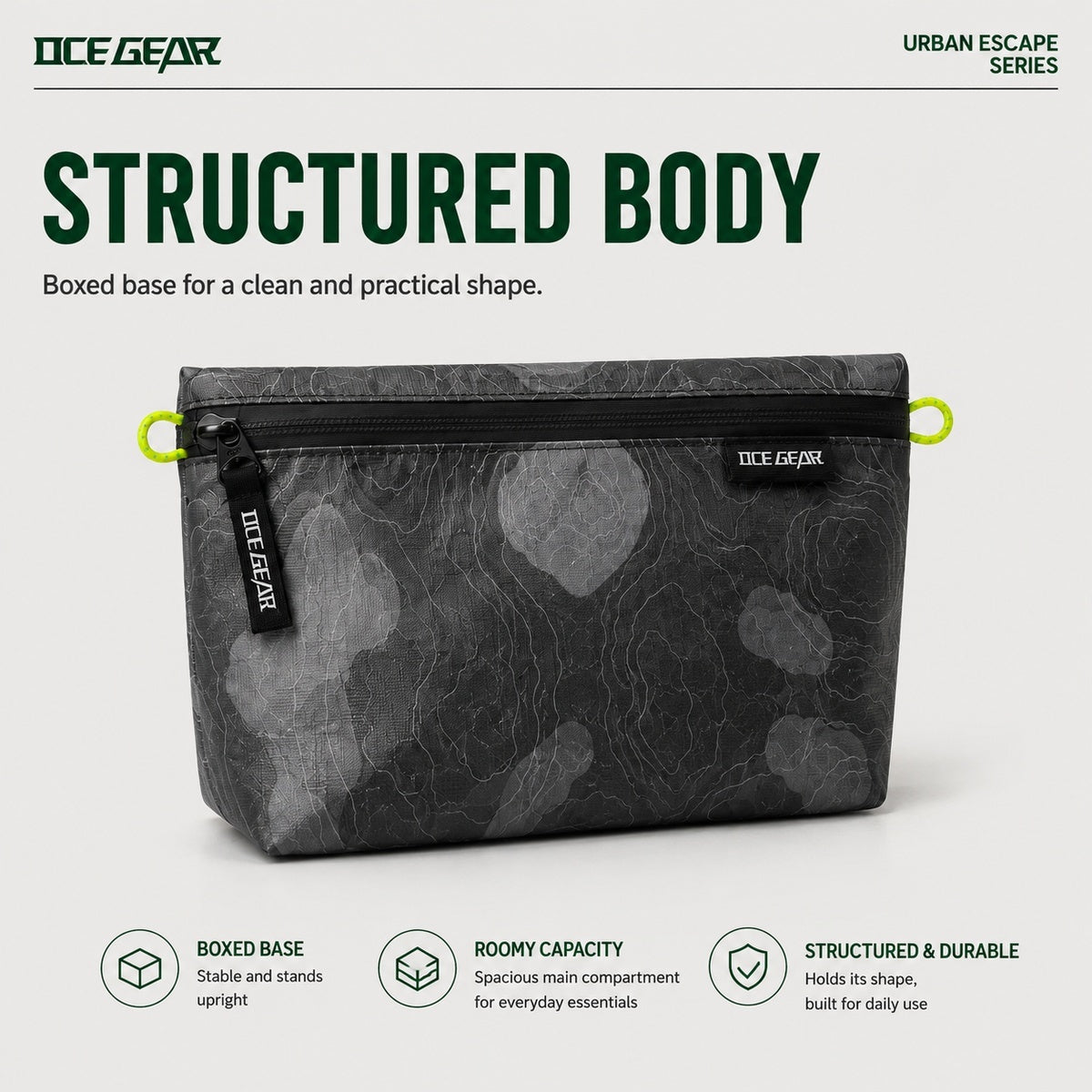 OCE GEAR storage pouch standing upright with boxed bottom structure