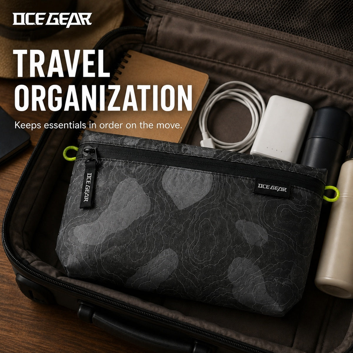 OCE GEAR storage pouch used inside travel bag for organized essentials