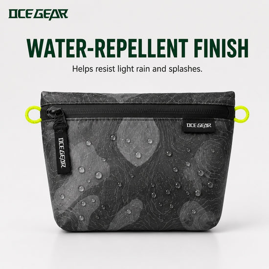 OCE GEAR storage pouch with water droplets on water-repellent fabric