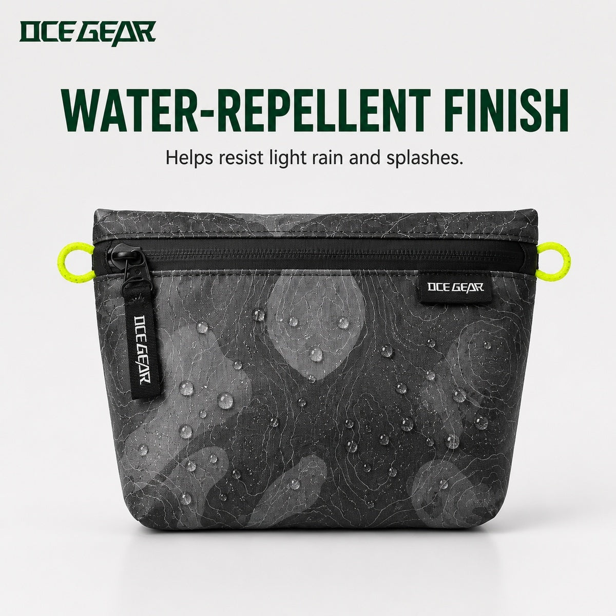 OCE GEAR storage pouch with water droplets on water-repellent fabric