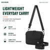 Black mini crossbody bag with adjustable shoulder strap and black hardware