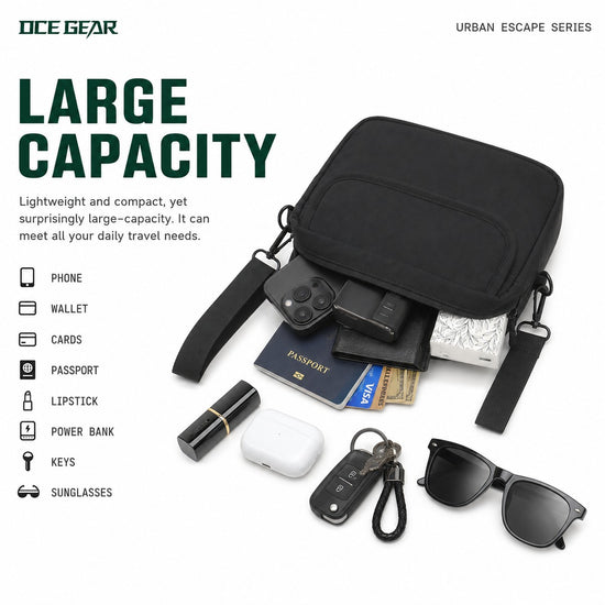 Compact black mini crossbody bag carrying phone wallet cards keys and small essentials
