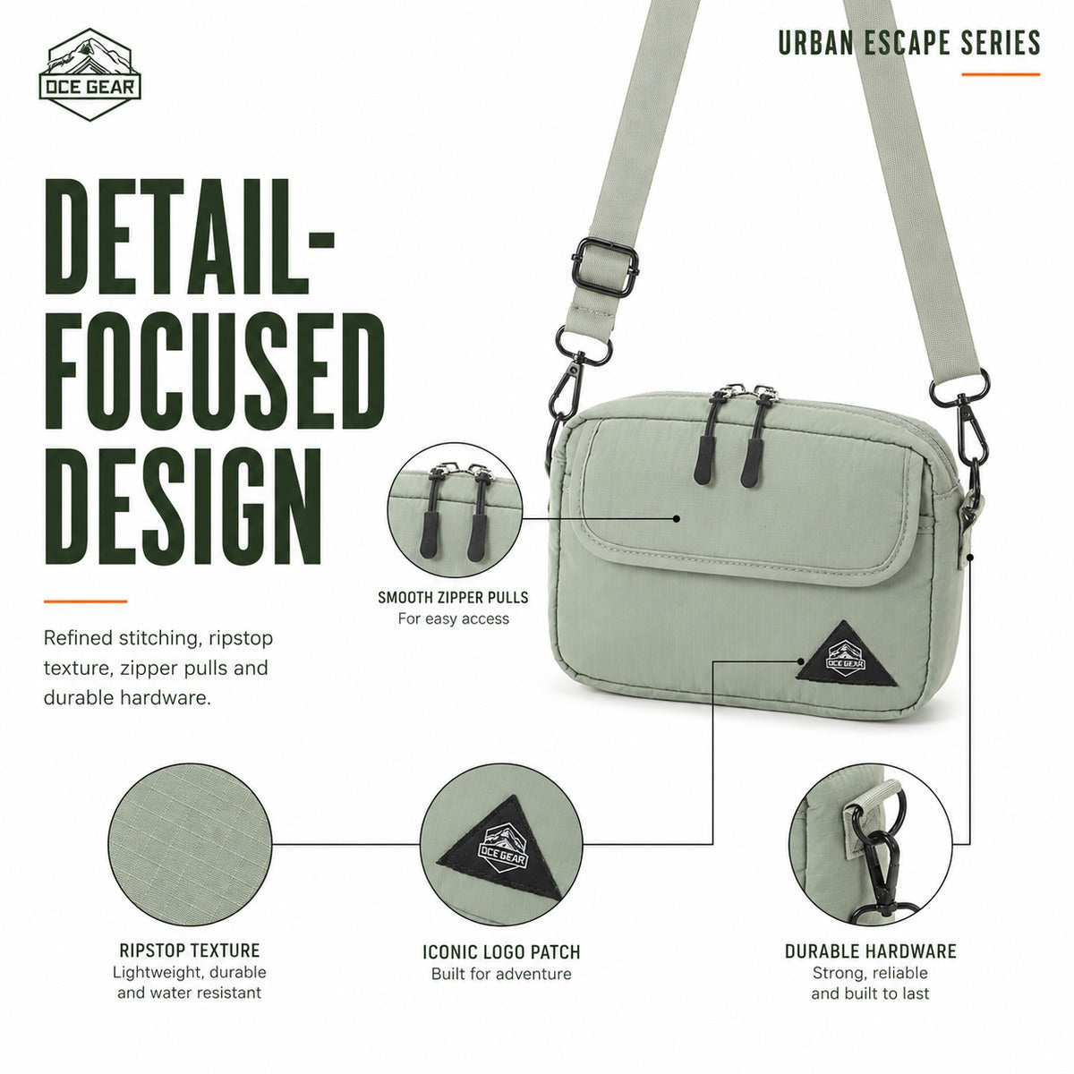 Detail-focused design showing ripstop texture zipper pulls logo patch and hardware