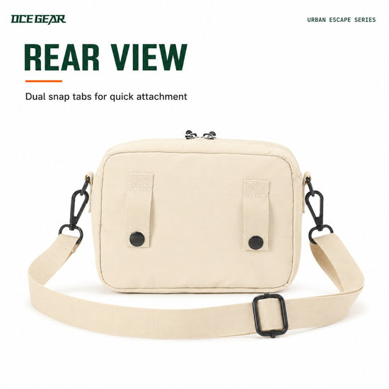 Rear snap-tab structure on Off White mini crossbody bag