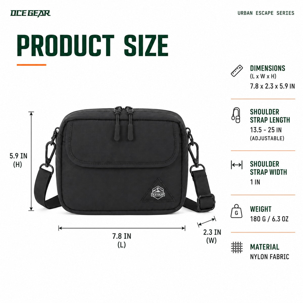 OCE GEAR mini crossbody bag size guide 7.8 by 2.3 by 5.9 inches