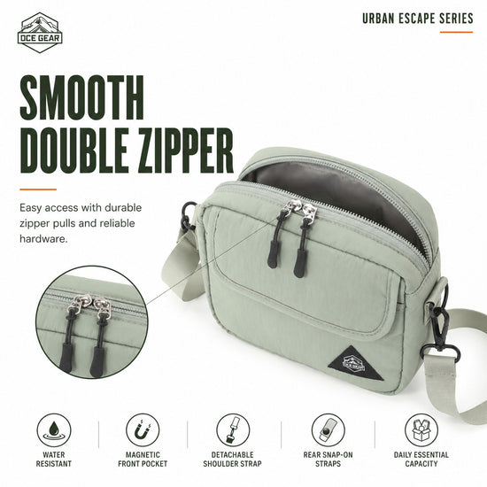 Smooth double zipper detail on OCE GEAR Sage Green mini crossbody bag