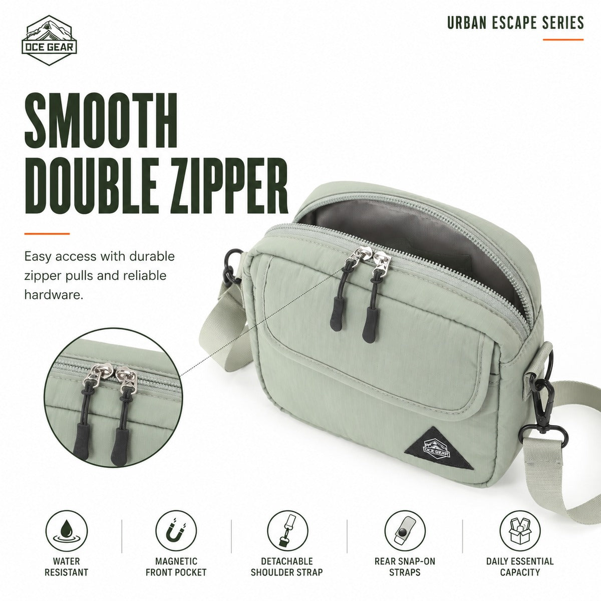 Smooth double zipper detail on OCE GEAR Sage Green mini crossbody bag