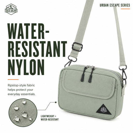 Water-resistant nylon fabric detail on Sage Green mini crossbody bag