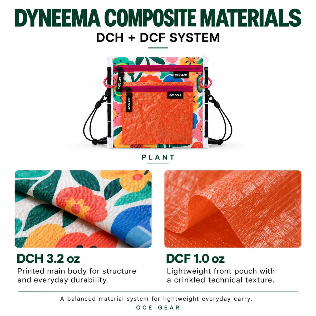OCE GEAR DCH 3.2 oz and DCF 1.0 oz Dyneema composite material construction