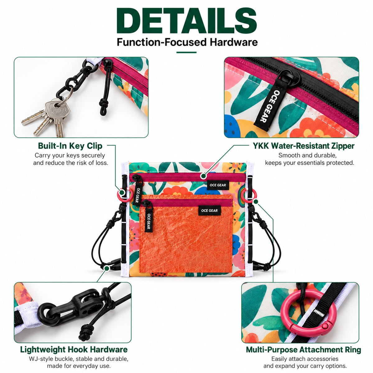 OCE GEAR crossbody pouch zipper hook key clip and attachment ring details