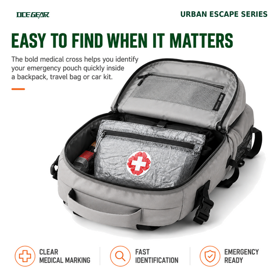 OCE GEAR emergency pouch stored inside a backpack for quick identification
