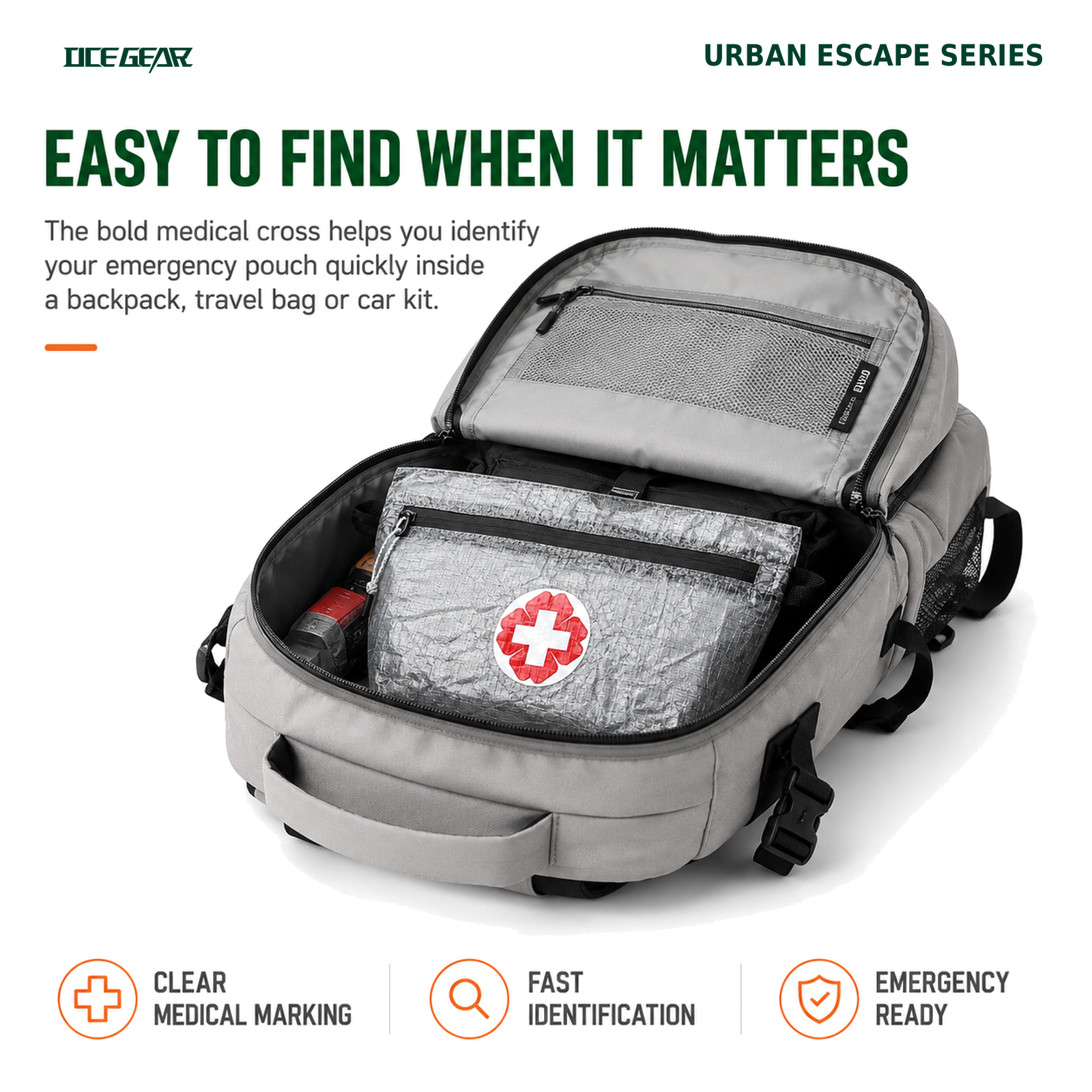 OCE GEAR emergency pouch stored inside a backpack for quick identification