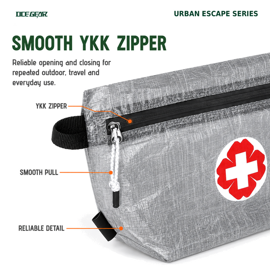 Close-up of YKK zipper and pull on OCE GEAR Dyneema first aid pouch
