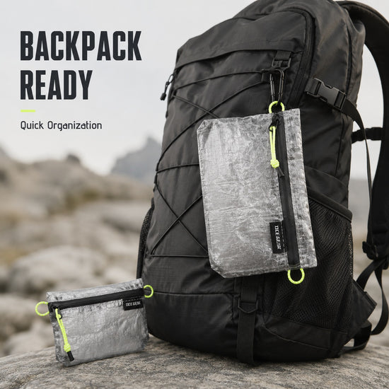 OCE GEAR flat organizer pouches attached to outdoor backpack for quick organization