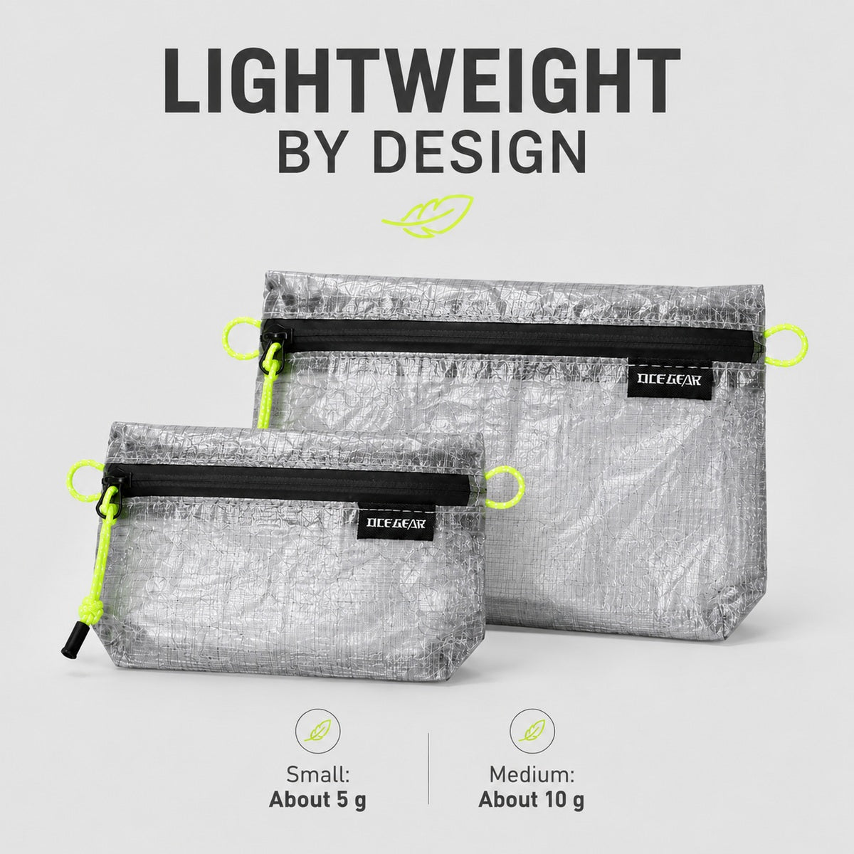 OCE GEAR ultralight flat pouch set showing about 5 g Small and about 10 g Medium weights