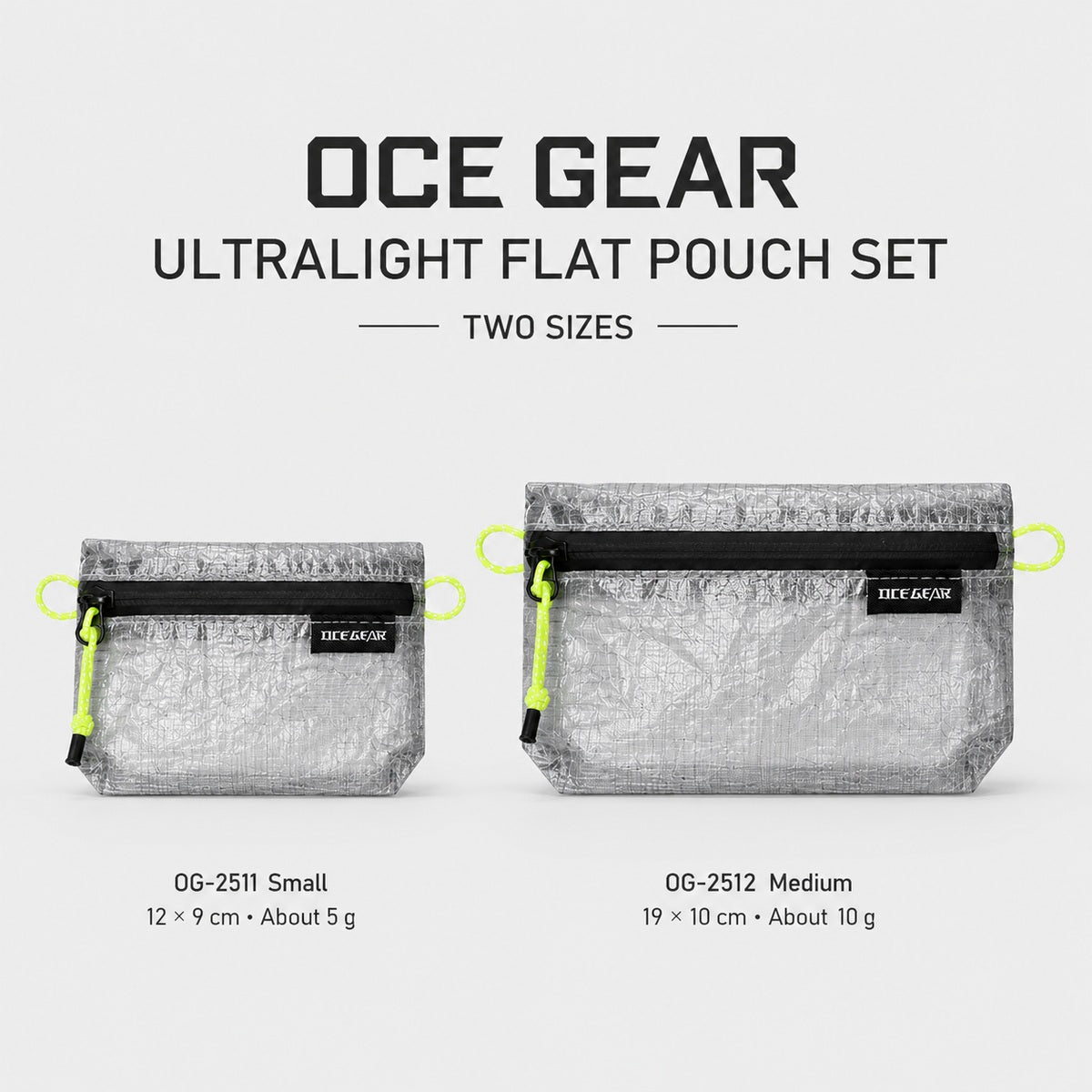 OCE GEAR ultralight flat pouch size comparison with OG-2511 Small and OG-2512 Medium
