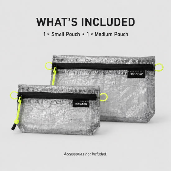 OCE GEAR flat pouch set includes one Small pouch and one Medium pouch with accessories not included