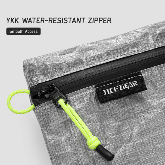 YKK water-resistant zipper detail on OCE GEAR ultralight flat pouch