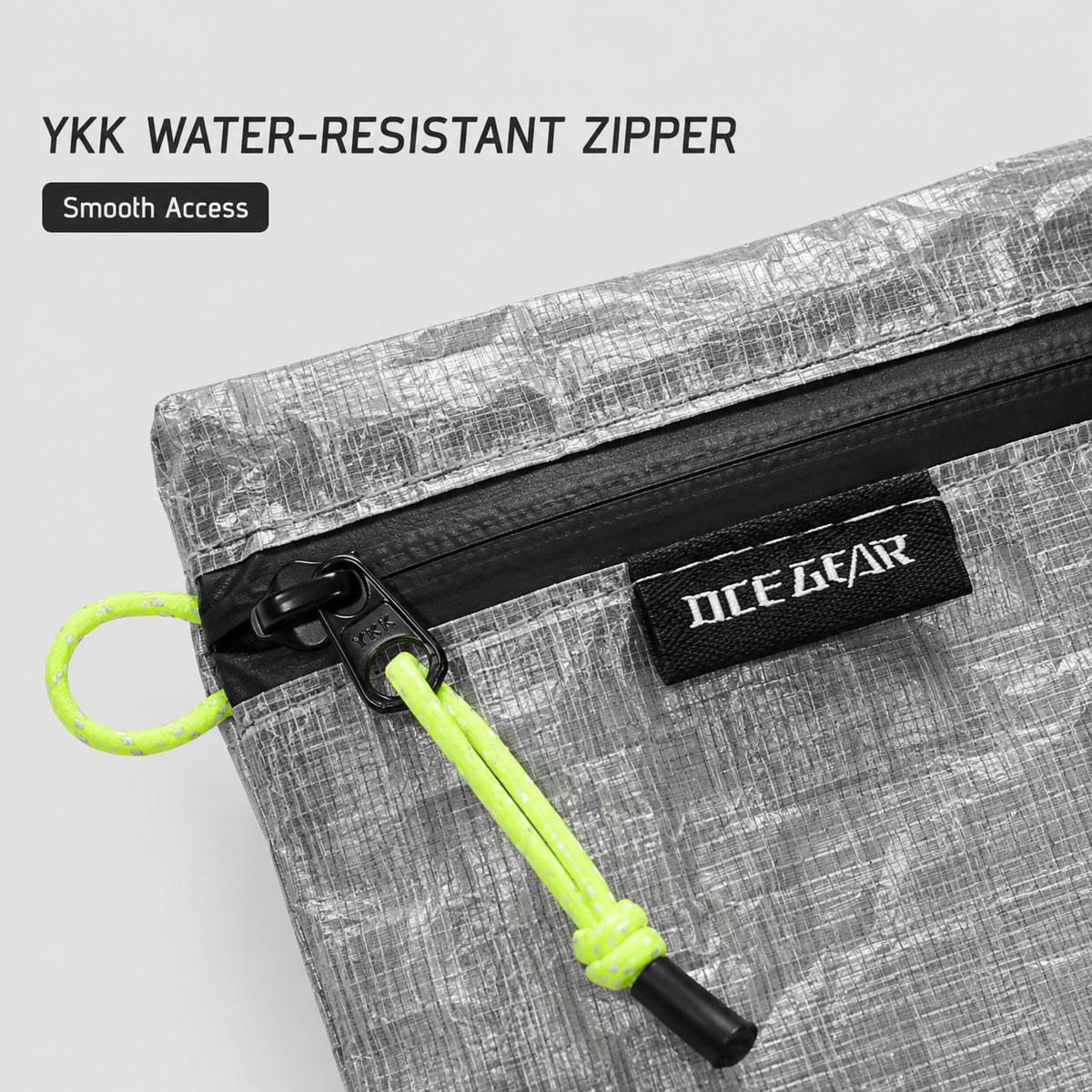 YKK water-resistant zipper detail on OCE GEAR ultralight flat pouch