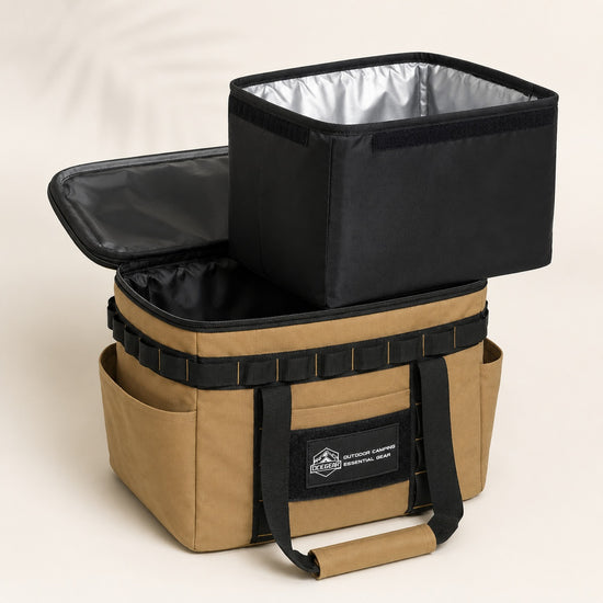 Removable insulated cooler insert lifted from khaki camping organizer bag
