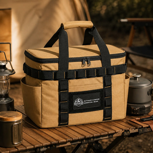 Khaki camping storage bag on outdoor camp table with cookware and lantern