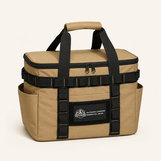 Khaki tactical camping gear organizer bag with black webbing and padded carry handle