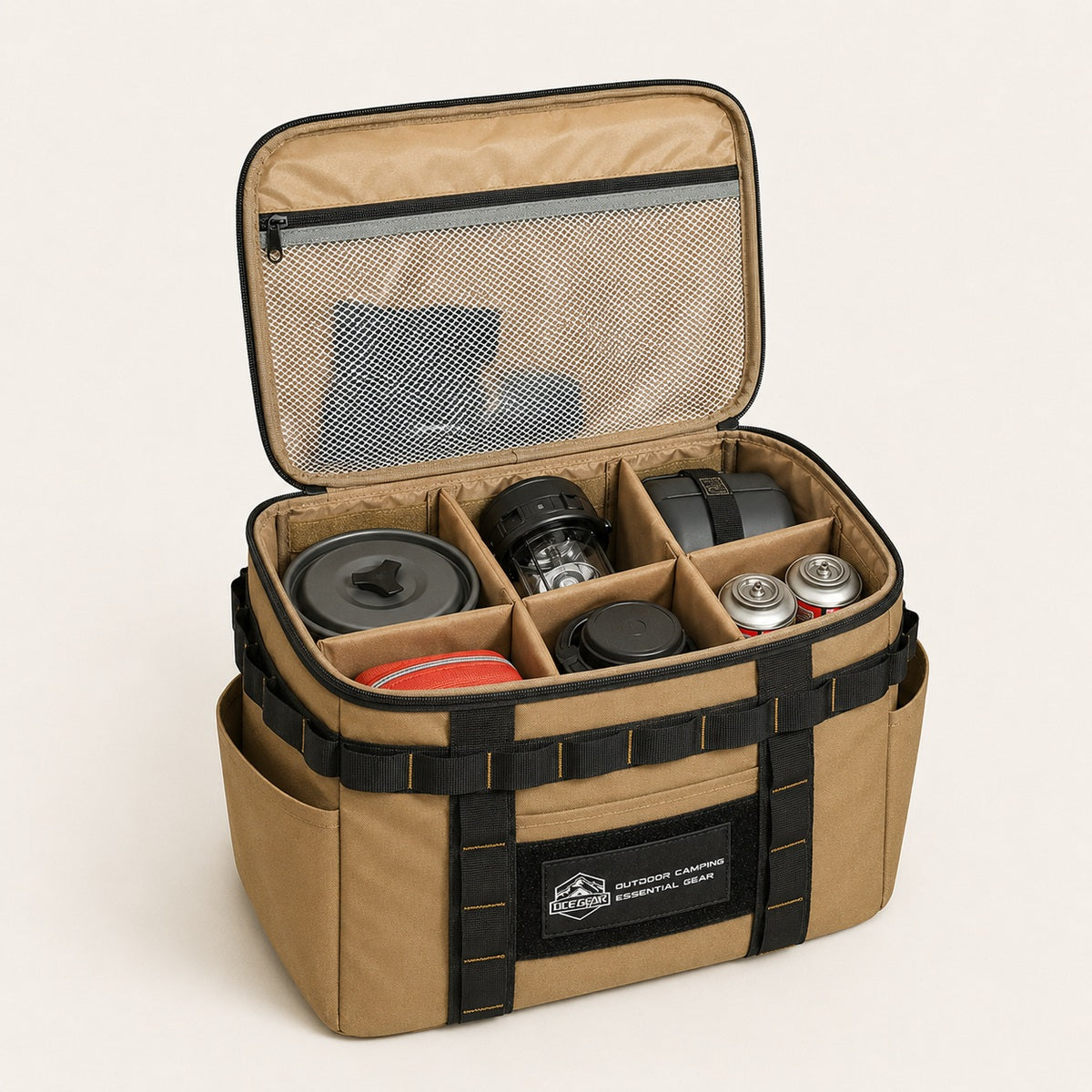 Open camping organizer bag with adjustable dividers and mesh lid pocket