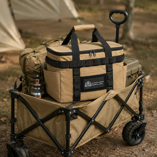 Khaki camping organizer bag loaded on outdoor utility wagon