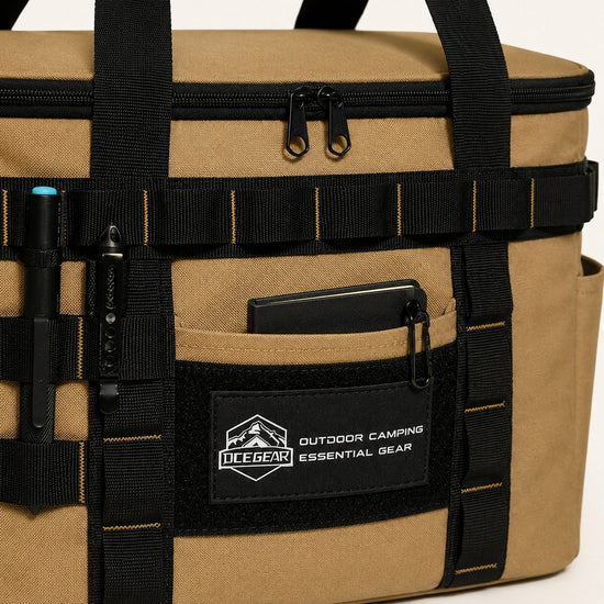 Black MOLLE-style webbing and front pocket on khaki camping storage bag