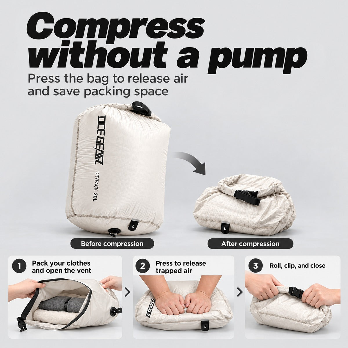 OCE GEAR compression bag shown before and after manual compression
