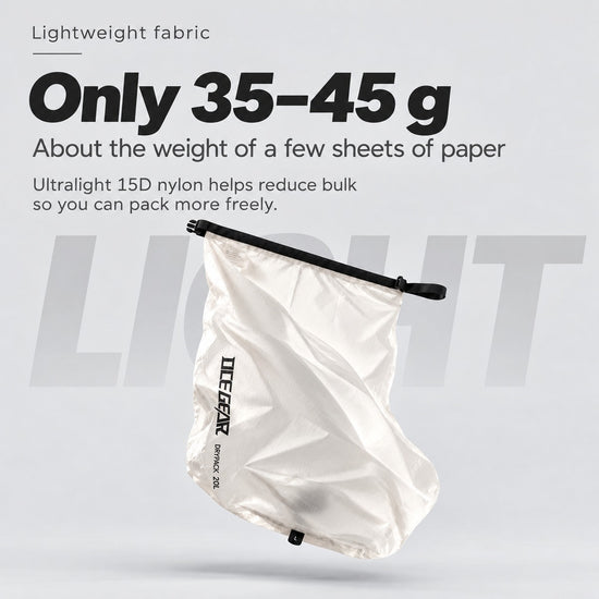 OCE GEAR ultralight 20L roll-top storage bag on gray background