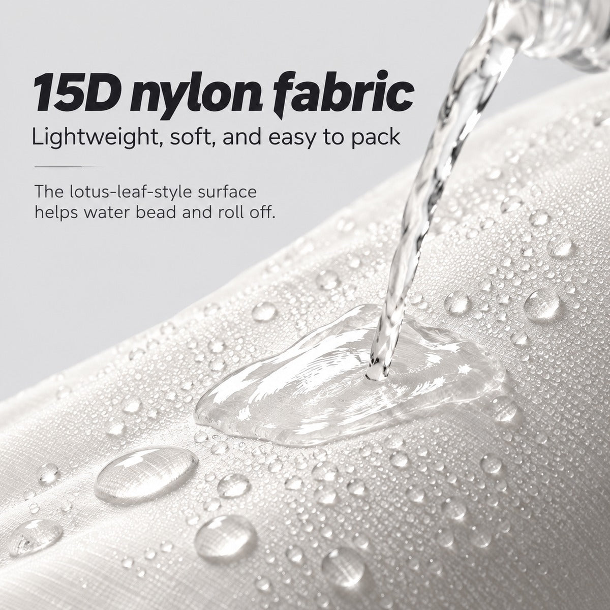 Close-up of water beading on 15D nylon fabric