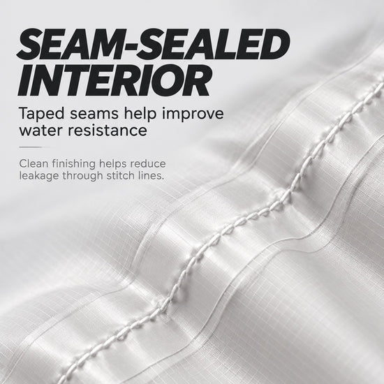 Close-up of taped interior seam on lightweight nylon storage bag
