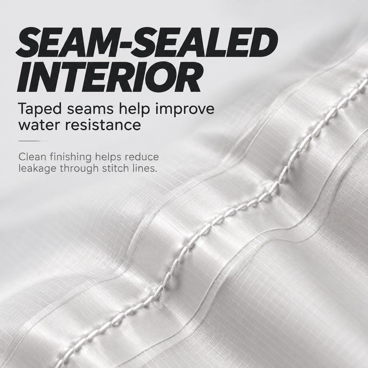 Close-up of taped interior seam on lightweight nylon storage bag