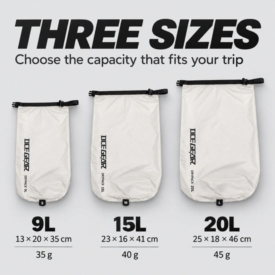 OCE GEAR 9L 15L and 20L compression sack size and weight guide