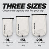 OCE GEAR 9L 15L and 20L compression sack size and weight guide
