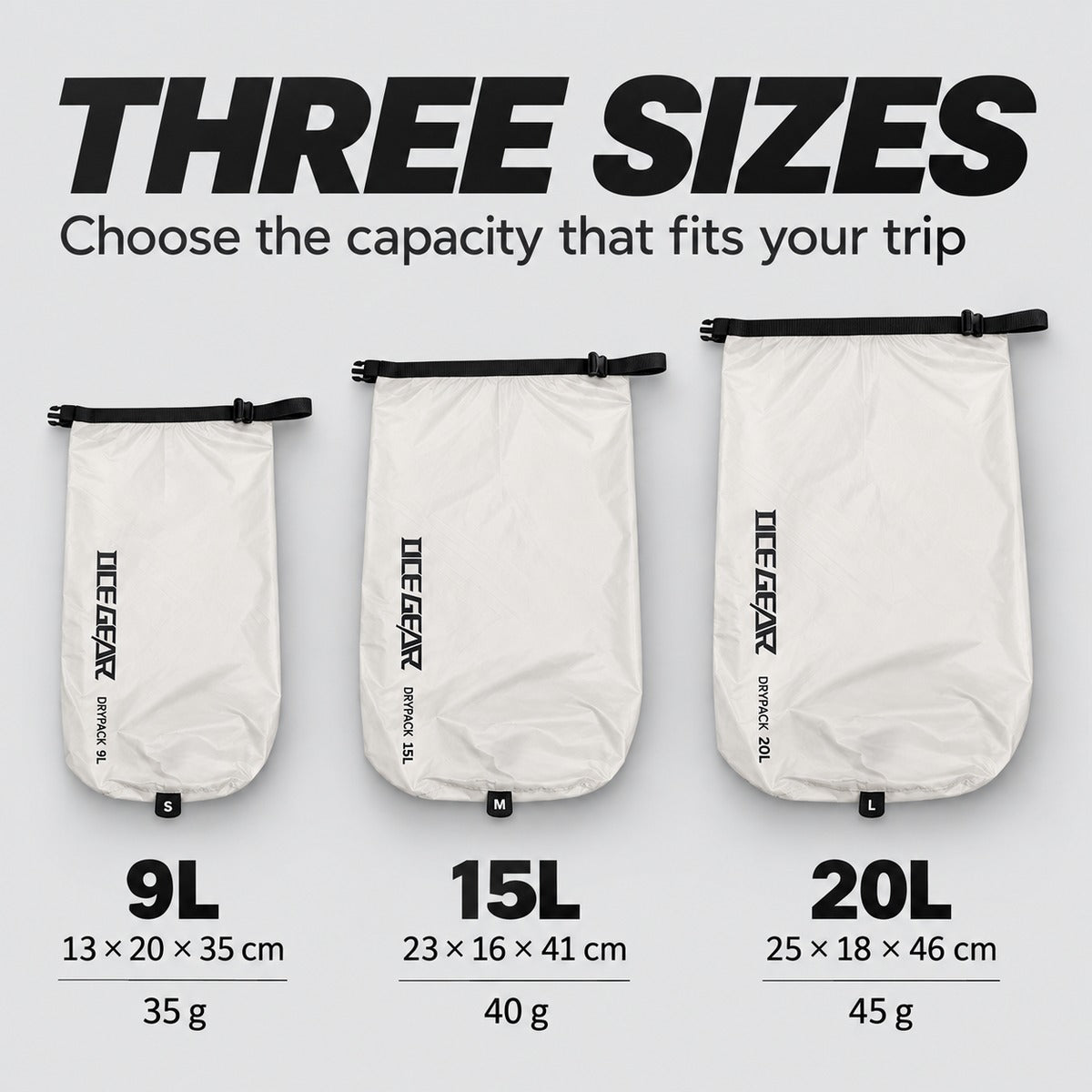 OCE GEAR 9L 15L and 20L compression sack size and weight guide