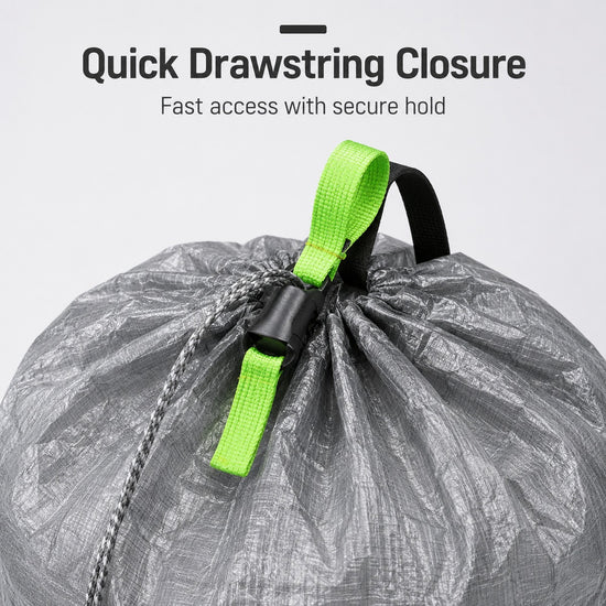 Large Dyneema stuff sack drawstring closure detail