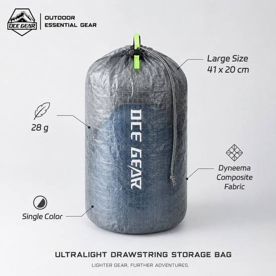 Large ultralight Dyneema stuff sack feature callouts