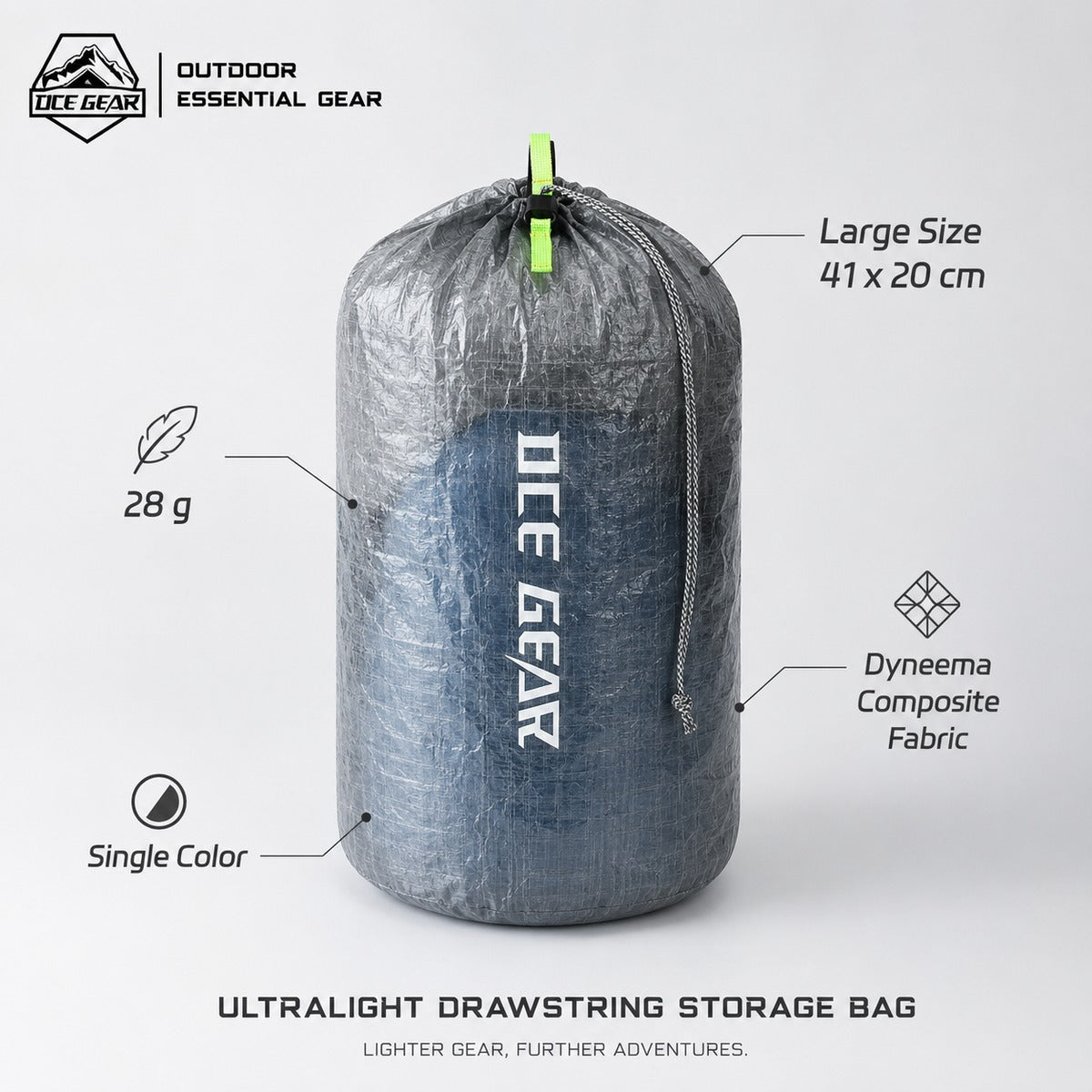 Large ultralight Dyneema stuff sack feature callouts