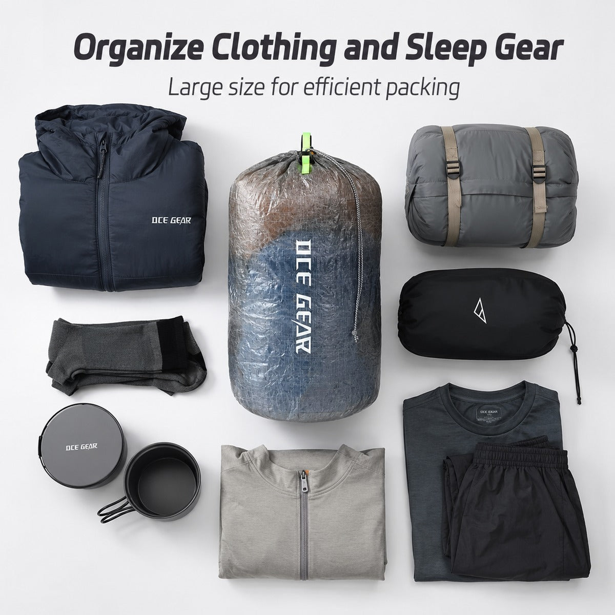 Large stuff sack for sleeping gear organization