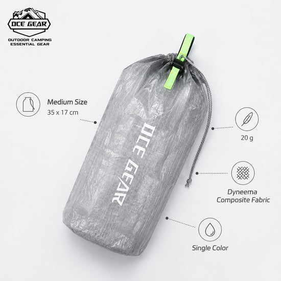 Medium ultralight Dyneema stuff sack feature callouts