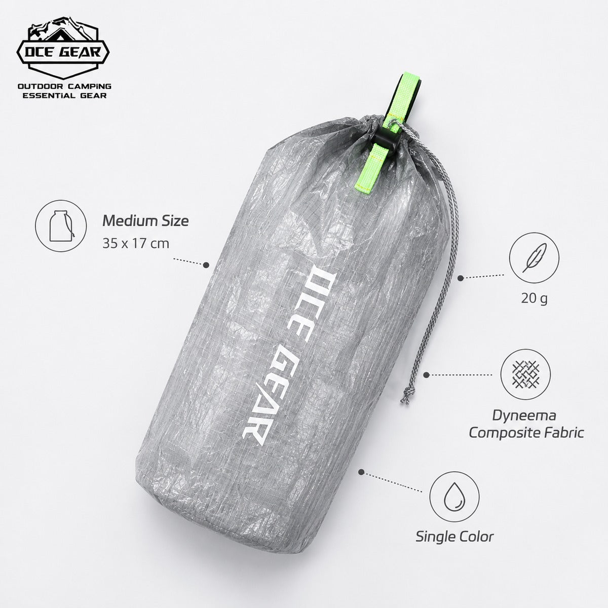 Medium ultralight Dyneema stuff sack feature callouts