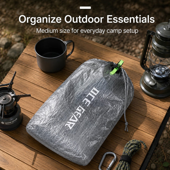 Medium Silver Gray stuff sack in outdoor setup
