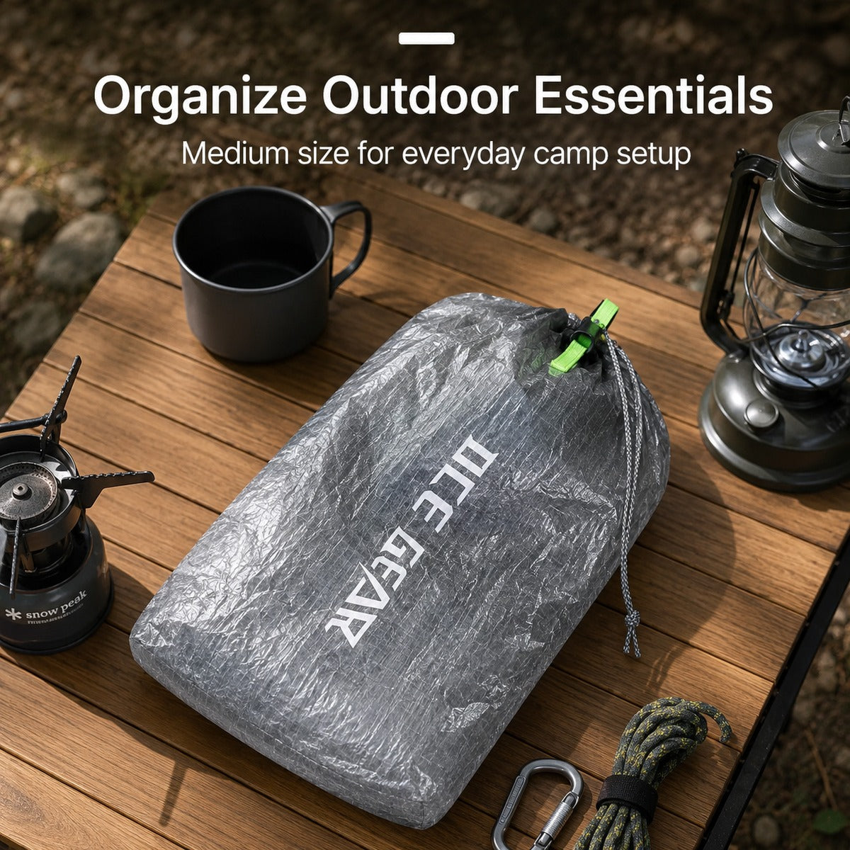 Medium Silver Gray stuff sack in outdoor setup